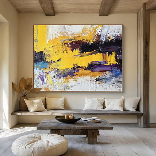 Acrylic Modern Art Paintings Yellow, Black, Purple & White Dynamic Abstract Art HPS236