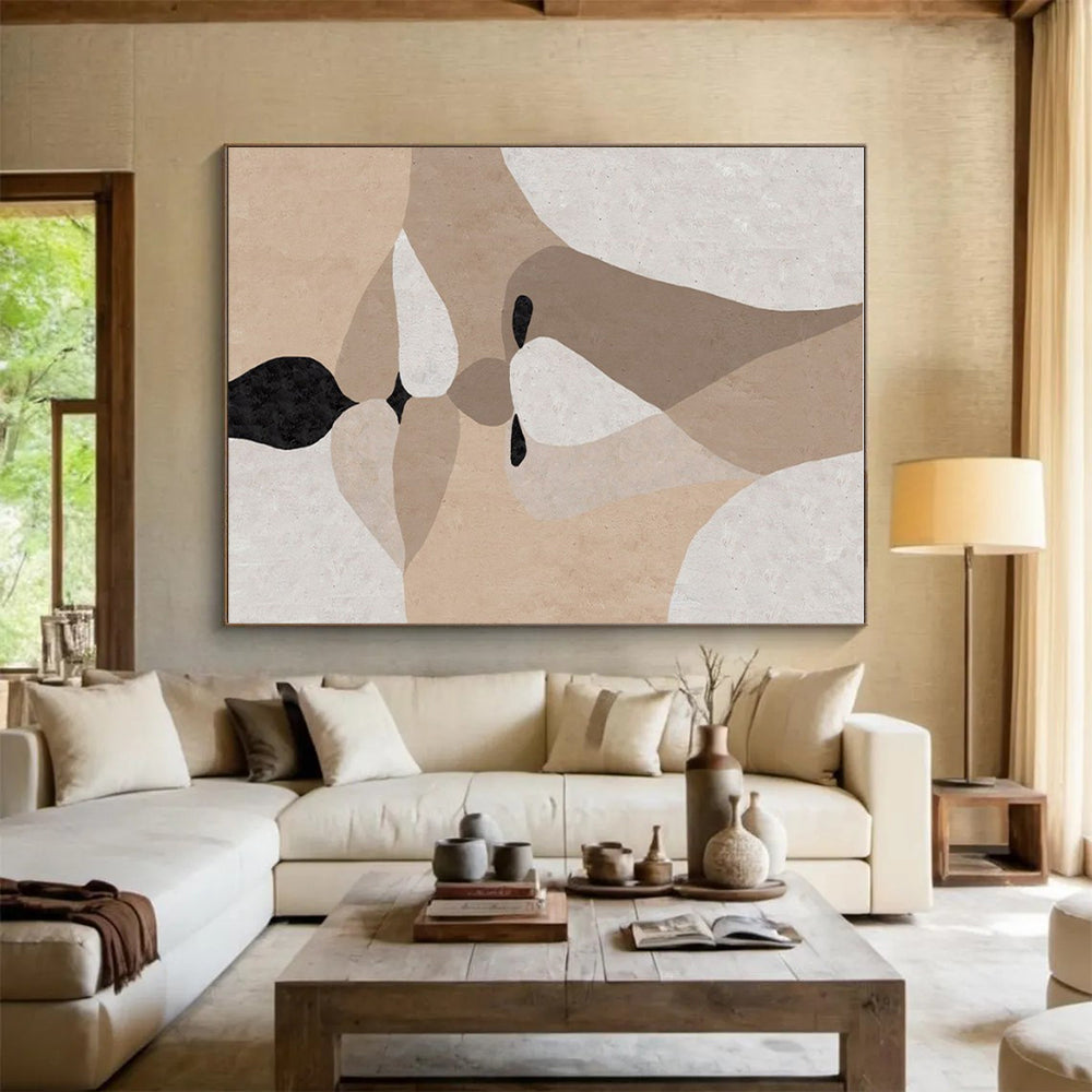Handmade Art Beige, Black, and White Facial Abstract Art PT709