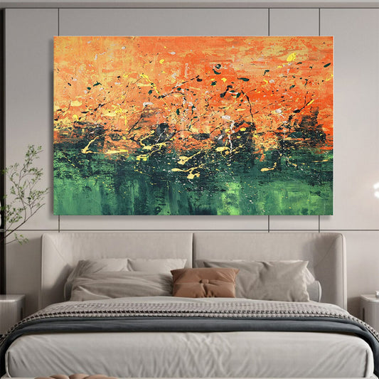 Unique Abstract Art Orange & Green Splatter Abstract On Canvas HPS053
