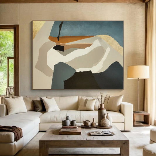 Minimalist Canvas Art in Teal, Beige, Brown, and Gold Geometric Abstract Shapes PT235