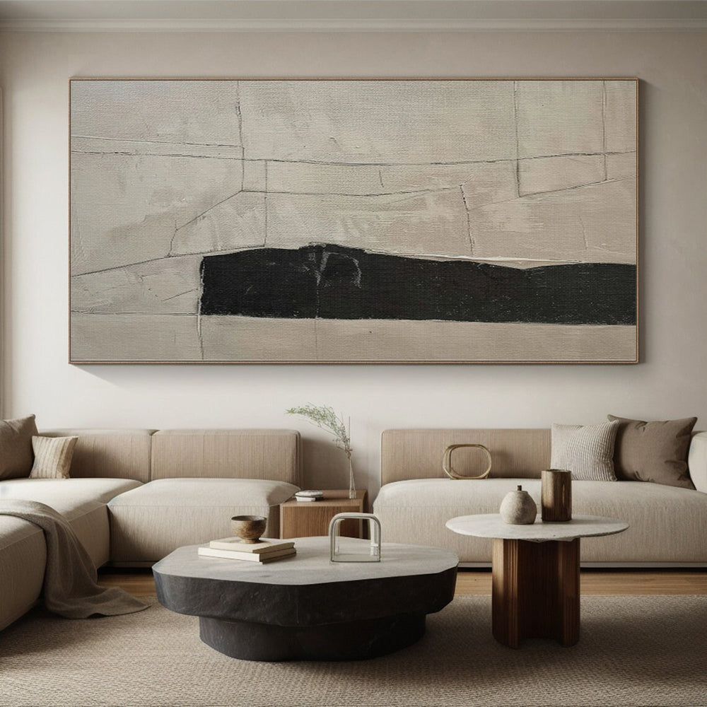 48x60 Black & Beige Geometric Abstract Painting On Canvas PT027