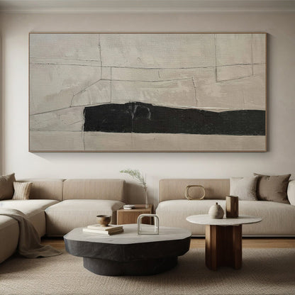 48x60 Black & Beige Geometric Abstract Painting On Canvas PT027