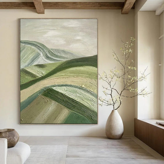 Large Size Green & Beige Abstract Rolling Hills, Large Contemporary Wall Art DPS505