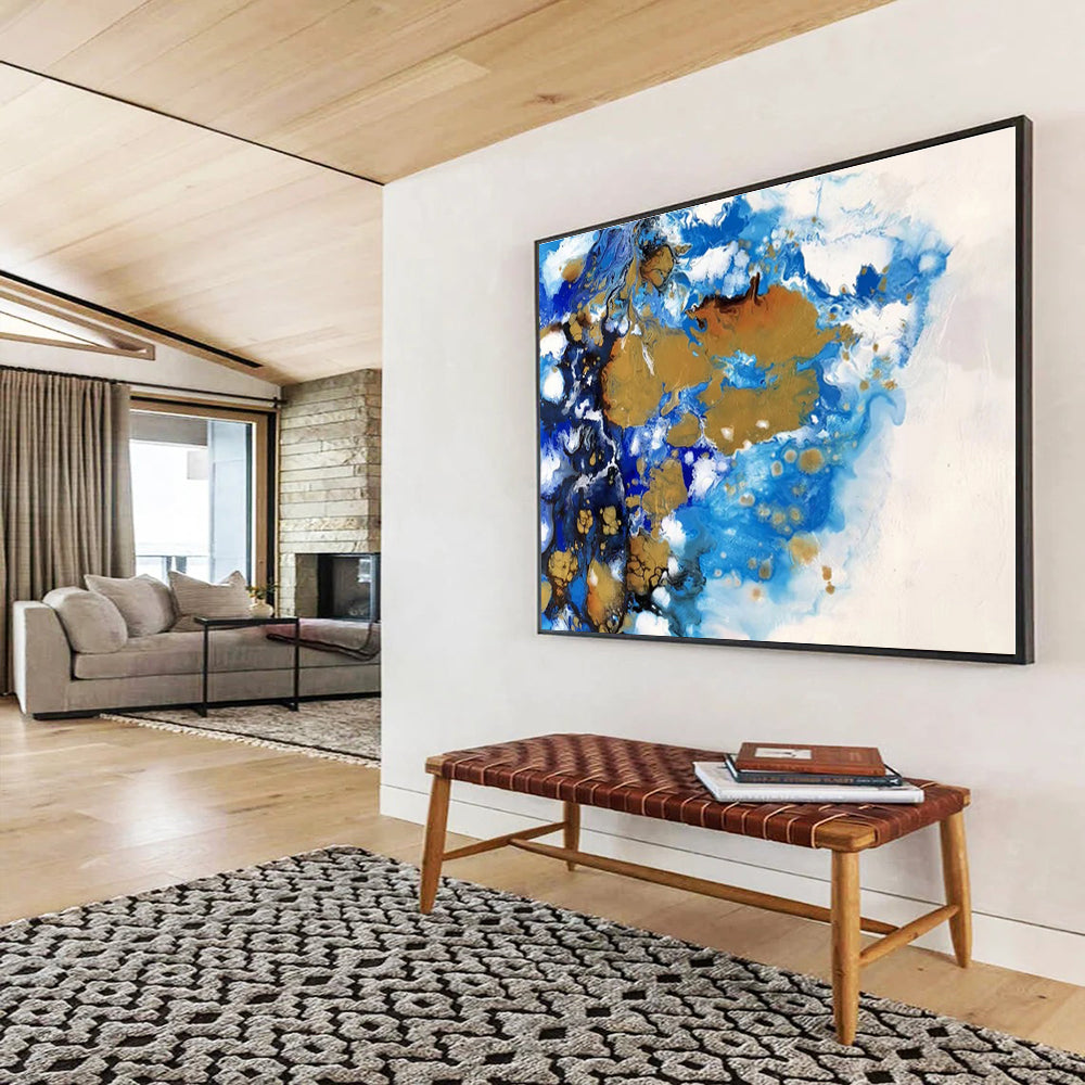 Acrylic Modern Art Paintings Blue, Gold & White Fluid Abstract On Canvas HPS058