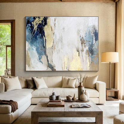 Acrylic Modern Art Paintings Blue, Gold & White Textured Abstract Painting On Canvas HPS112