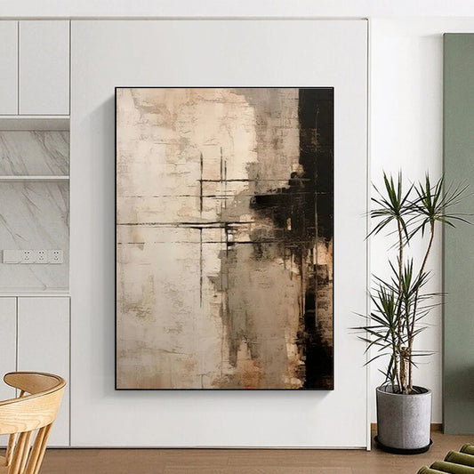 Large Size Beige Black Textured Abstract Art PT373