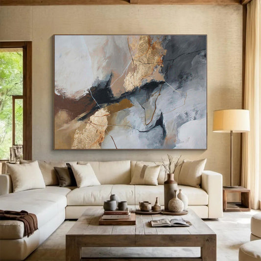Large Size Gray, Gold & Black Textured Abstract On Canvas HPS046