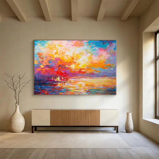 Hand-Painted Multicolor Sunset Landscape Abstract Painting On Canvas HPS100