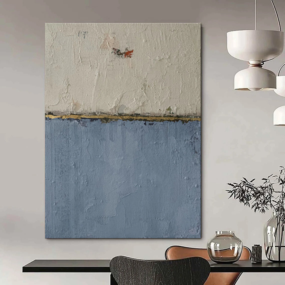 Hand-Painted Beige, Blue & Gold Abstract Minimalist, Modern Art Acrylic DPS509