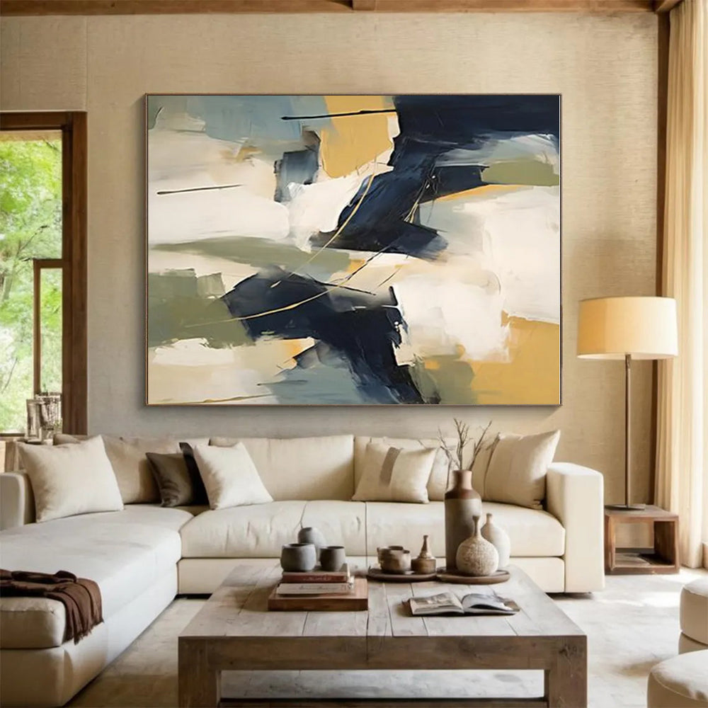 Big Painting in Navy, White, Yellow, and Grey Abstract Shapes PT230