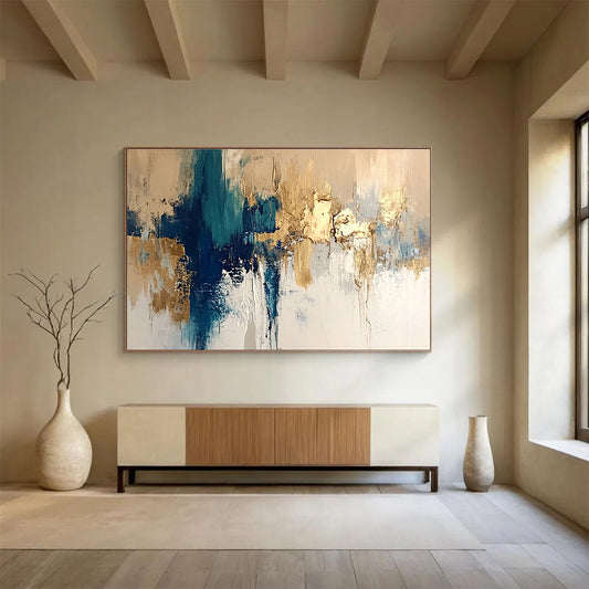 Large Size Teal, Gold & White Textured Abstract Painting HPS275