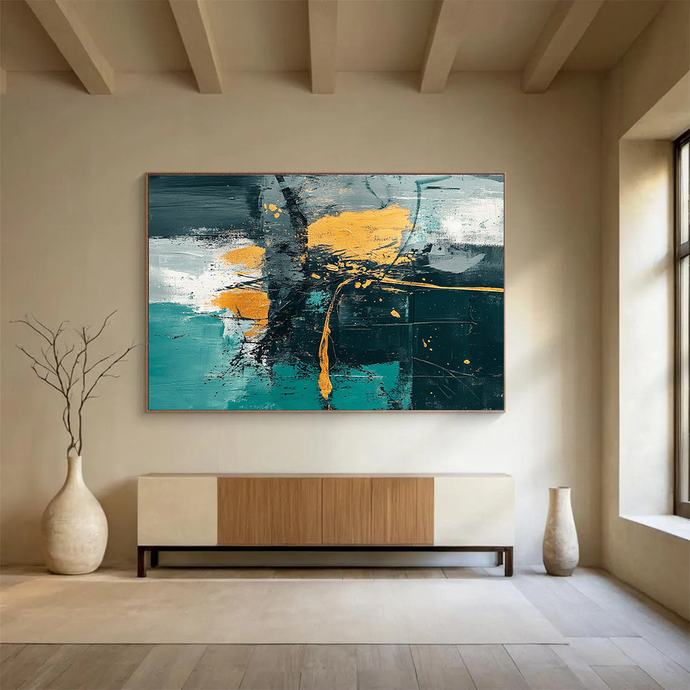 Oversized Abstract Wall Art Teal, Gold, and Black Textured Expressionist Art HPS327