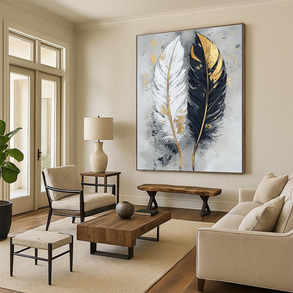 Hand-Painted Black, White & Gold Feather Abstract, Acrylic Modern Art Painting DPS499
