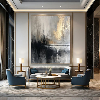 48x60 Black, Gray & Gold Abstract Waterfront, Acrylic Modern Art Paintings DPS490