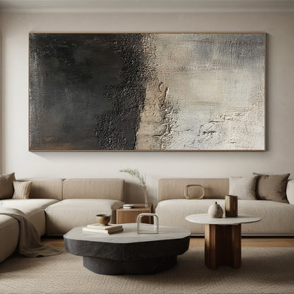 Abstract Canvas Wall Art Large With Black, Gray, Beige Textured Contrast On Canvas PT185