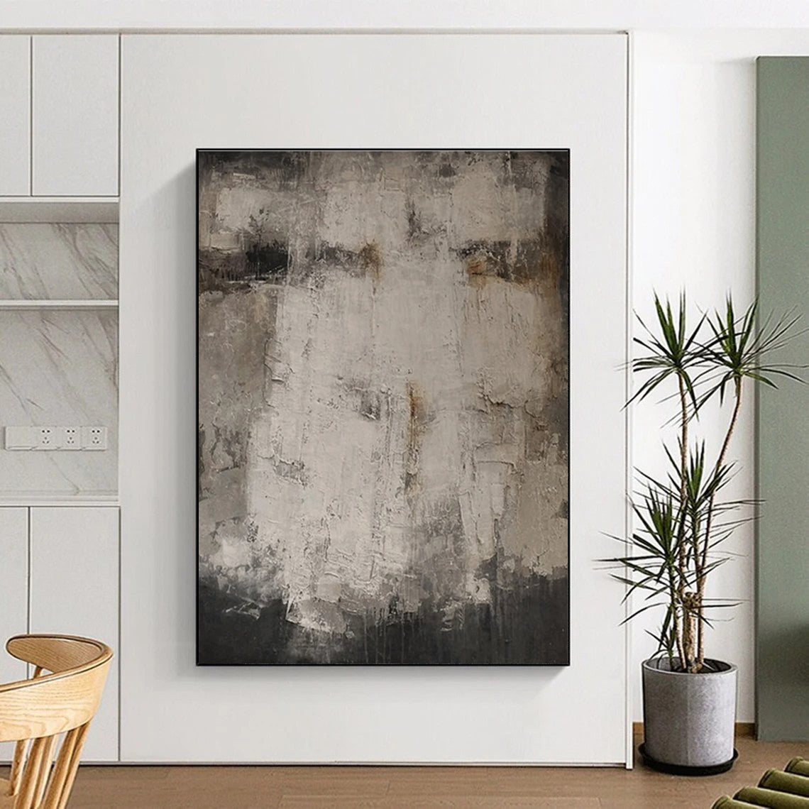 Handmade Art in Gray and White Textured Abstract Composition, Acrylic Modern Art PT318