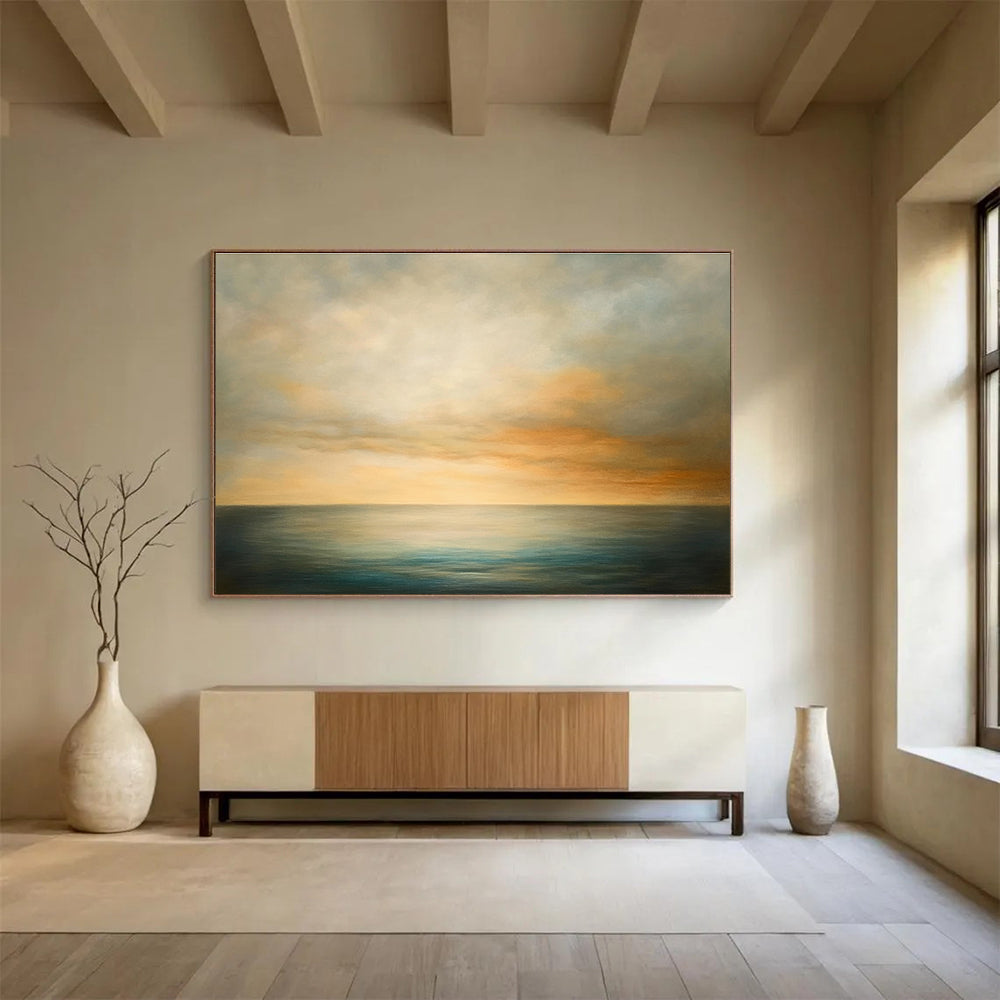 Paintings For House Beige, Orange, and Blue Serene Seaside Sunset HPS320