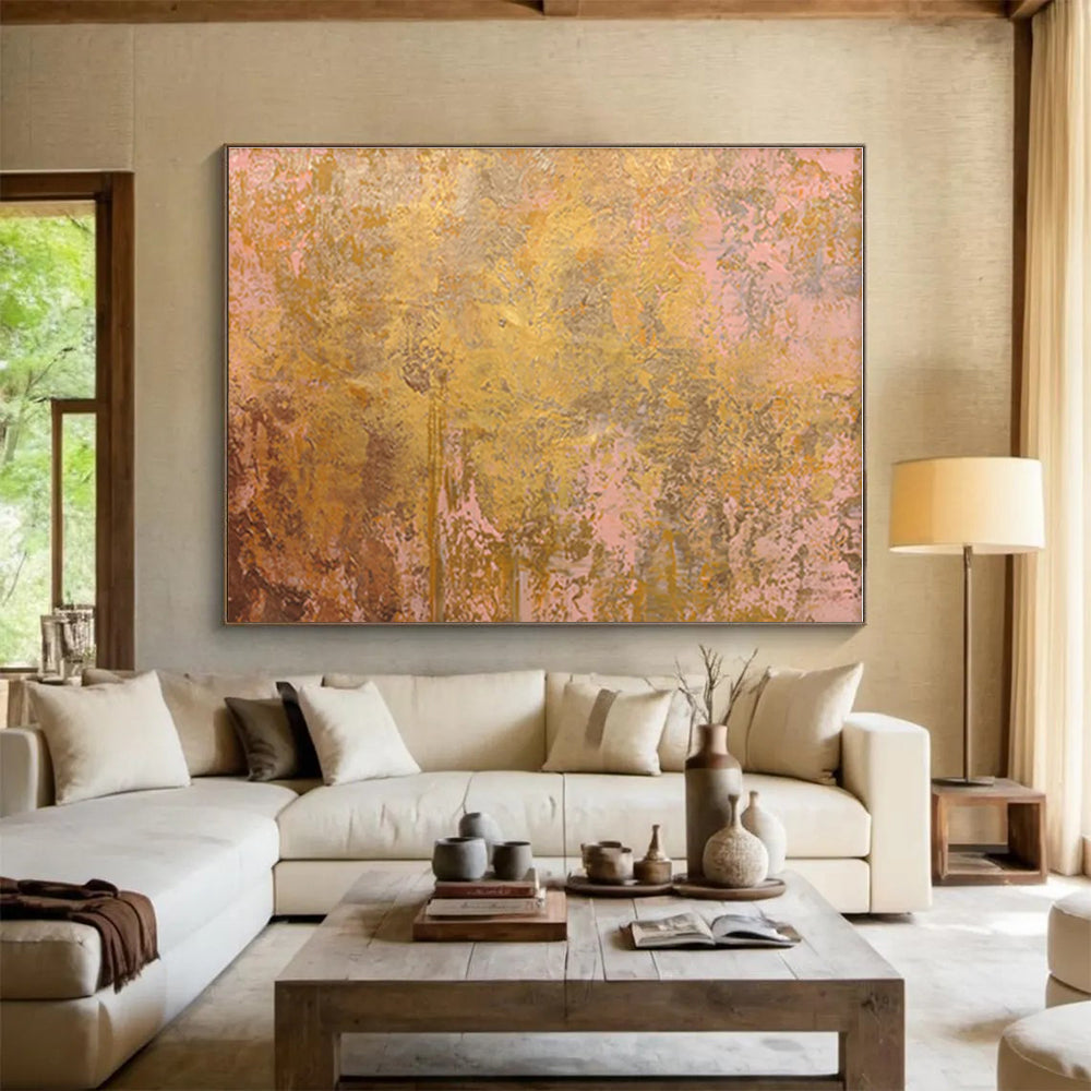 Oversized Abstract Wall Art Gold & Pink Textured Abstract On Canvas HPS019