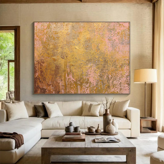 Oversized Abstract Wall Art Gold & Pink Textured Abstract On Canvas HPS019