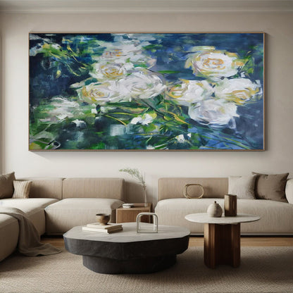 Impressionistic Floral Art - White Roses & Green Leaves Abstract Floral Painting PT608