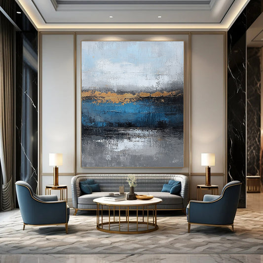Large Contemporary Wall Art Blue, Gray, and Gold Abstract Landscape Painting DPS429