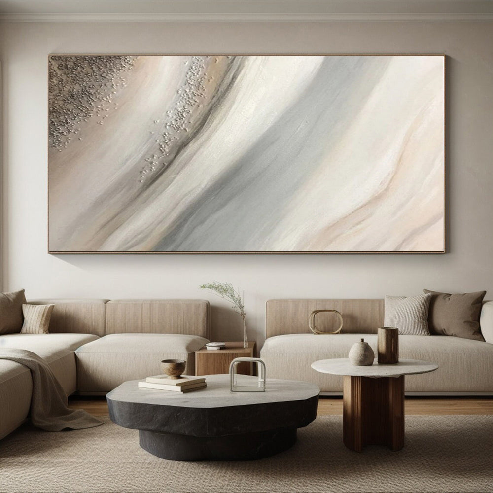 Handmade Art Beige, Gray and Silver Textured Abstract Flow, Large Contemporary Wall Art PT544