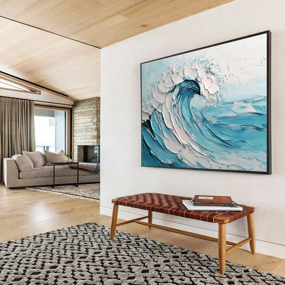 Gaint Canvas Art Blue & White Textured Wave Impressionistic Acrylic Painting HPS242