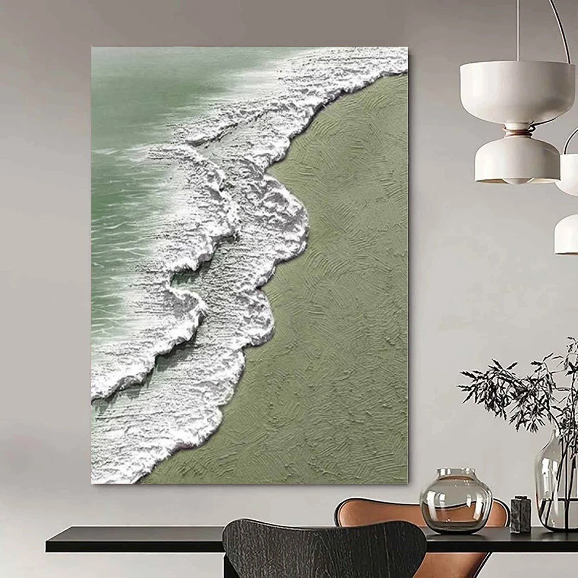 Oversized Abstract Wall Art Green and White Wave Coastal Abstract Painting DPS422