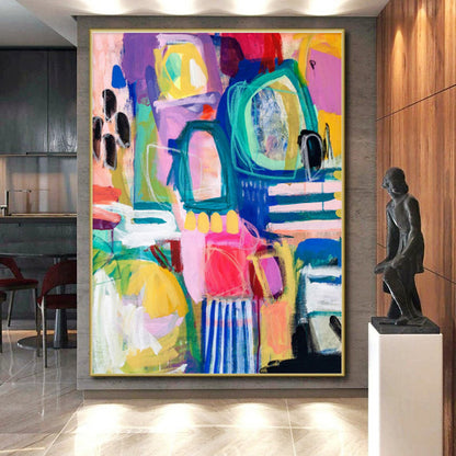 Unique Abstract Art with Vibrant Multicolored Shapes, Hand-Painted Acrylic Modern Art PT296