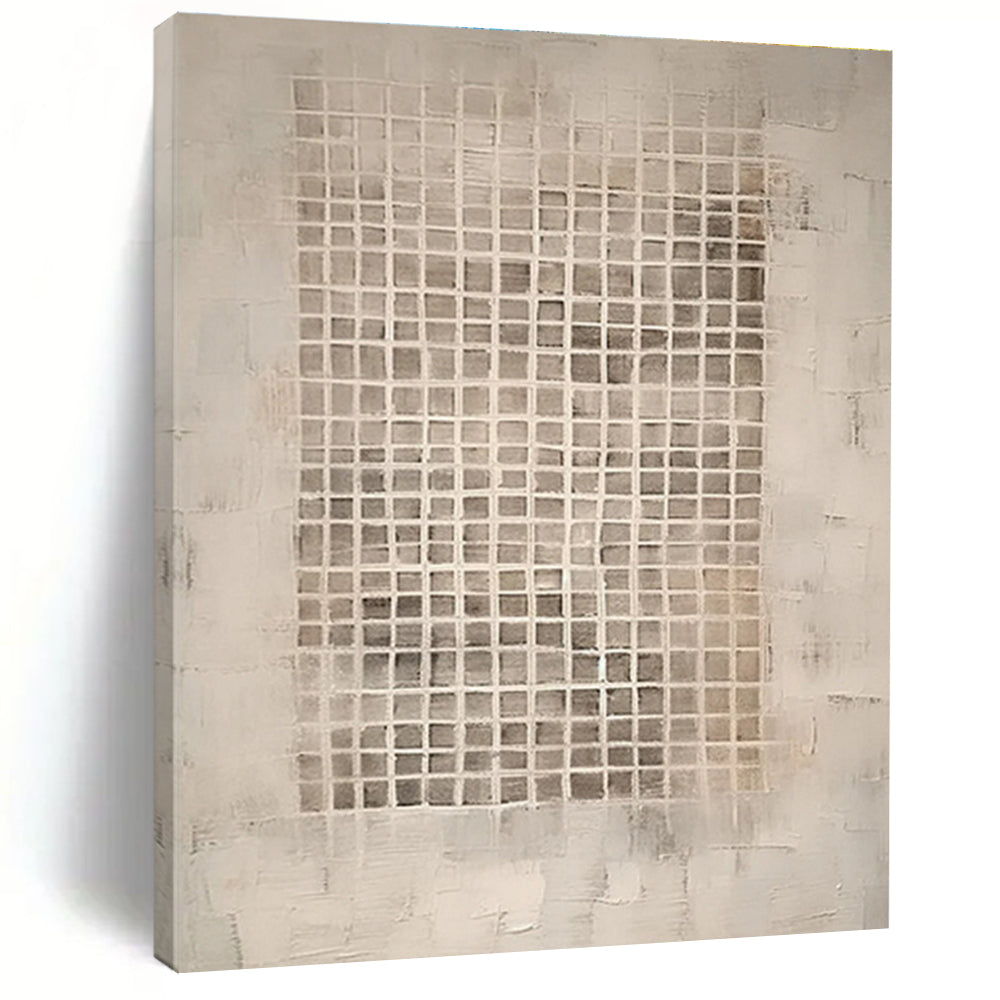 Minimalist Canvas Art in Beige and Gray Grid Pattern, Handmade Art PT299