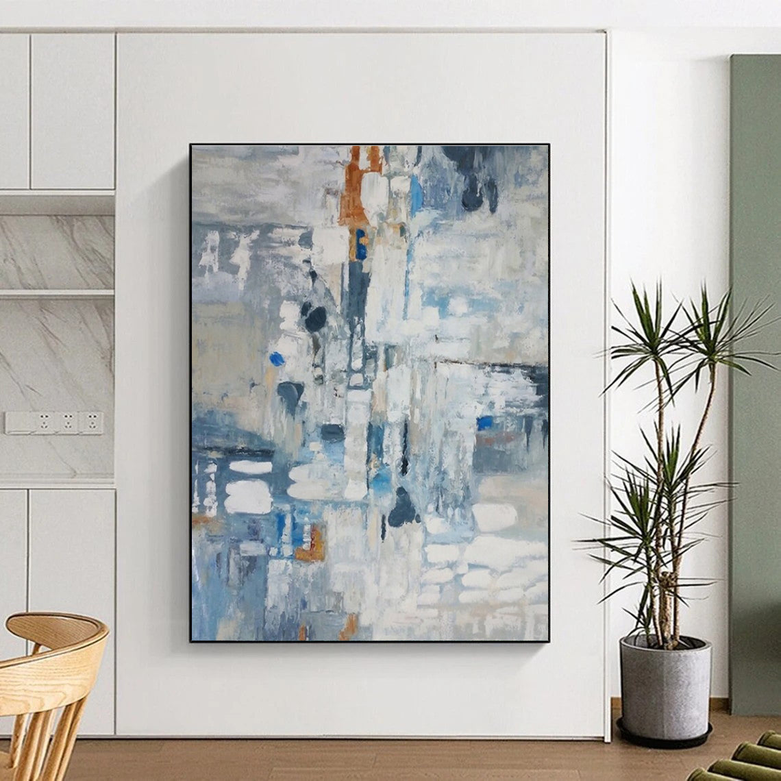 Large Size Blue, Gray, and White Abstract Painting with Fluid Forms, Large Painting In Living Room PT207