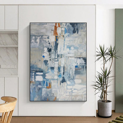 Large Size Blue, Gray, and White Abstract Painting with Fluid Forms, Large Painting In Living Room PT207