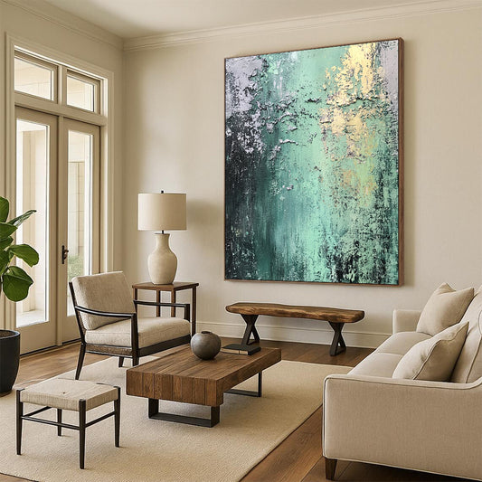 Modern Large Abstract Canvas Painting With Green, Gray, Yellow Textured Layers On Canvas PT187