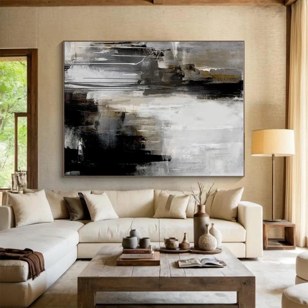 Hand Painting Black, Gray, and White Textured Abstract Art PT708