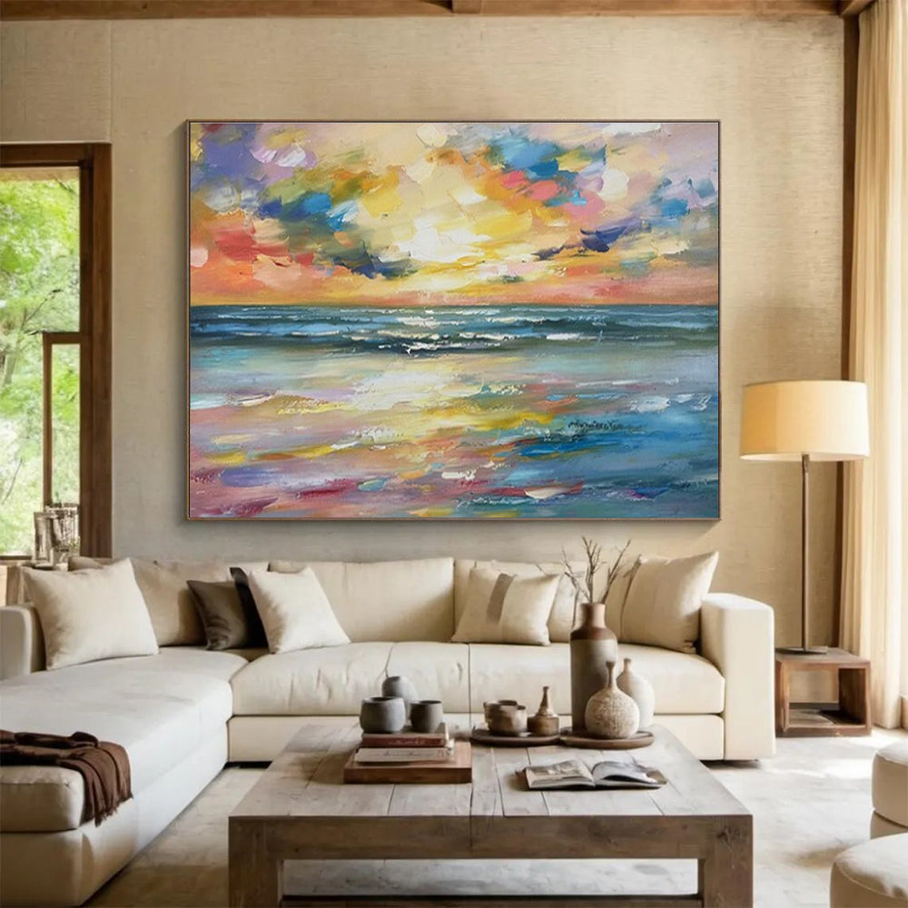 Large Painting In Living Room Multicolor Abstract Seaside Sunset Art HPS405