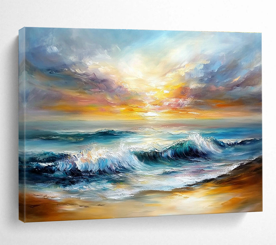 Huge Size Multicolor (Blue, Orange, Yellow) Coastal Sunset Abstract Acrylic Painting HPS243