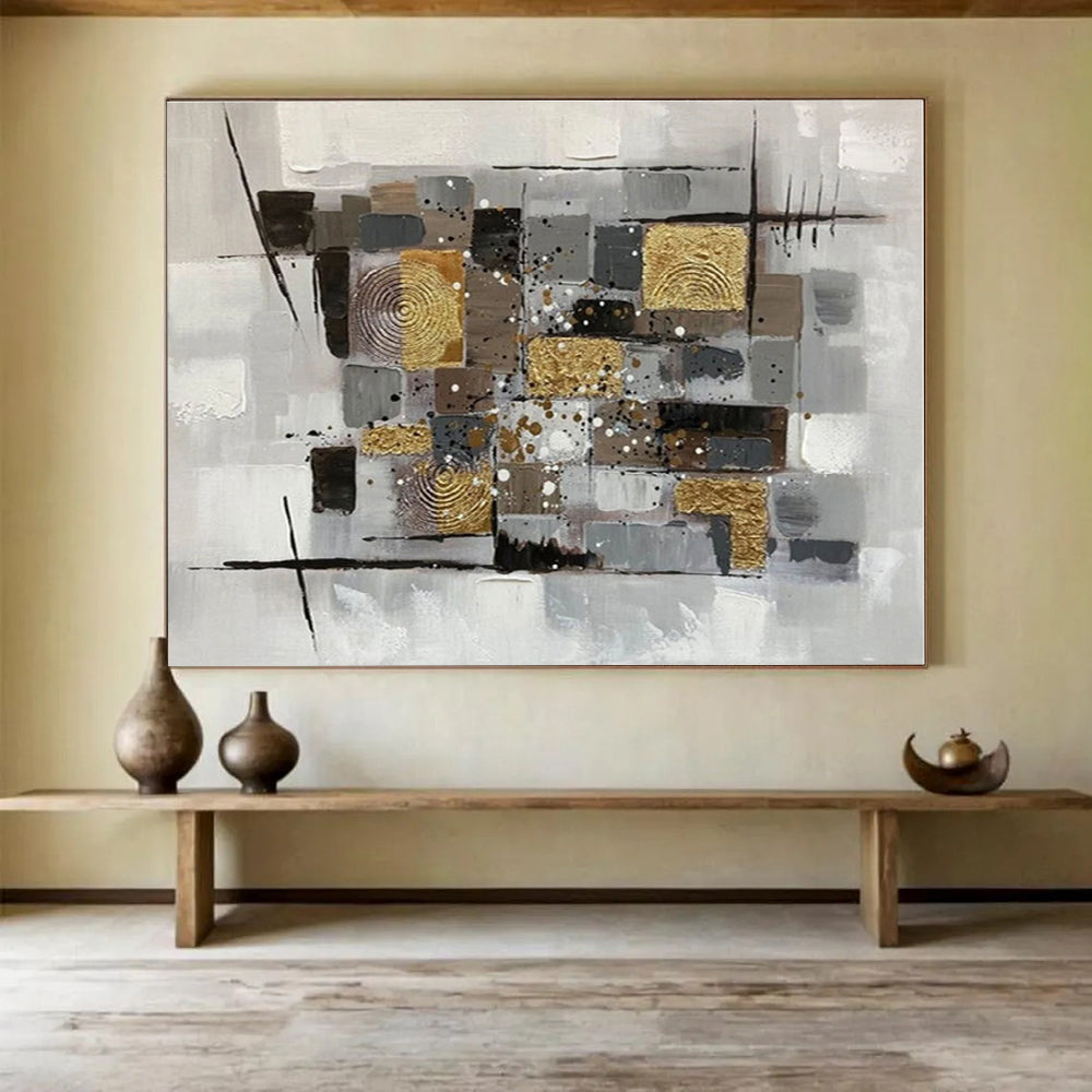 Hand-Painted Gray, Gold & Black Geometric Abstract Painting On Canvas HPS091