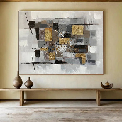 Hand-Painted Gray, Gold & Black Geometric Abstract Painting On Canvas HPS091