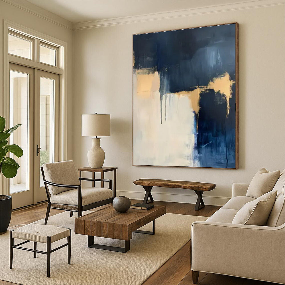 Modern Art Acrylic Navy, Beige, and Gold Textured Abstract Art PT748