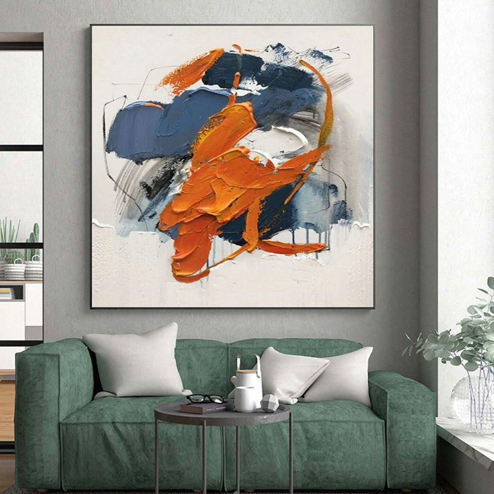 Large Size Orange and Blue Abstract Impasto Creation, Acrylic Modern Art Paintings PT523