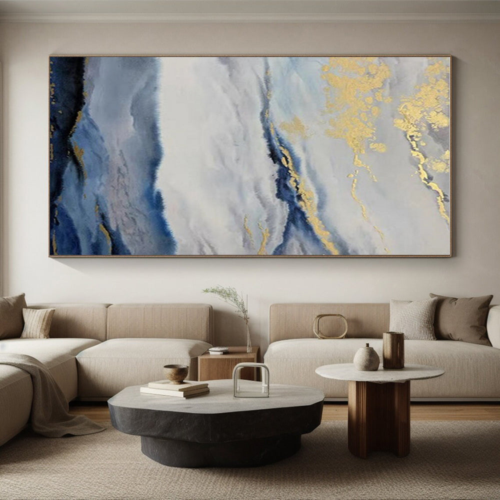 Large Size Blue Gray Gold Abstract Landscape Acrylic Art PT509