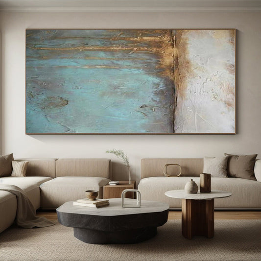 Big Painting Teal and Brown Textured Abstract Work, Large Contemporary Wall Art PT530