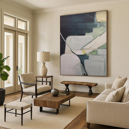 Modern Art Acrylic Dark Teal Beige Geometric Abstract Art for House PT492