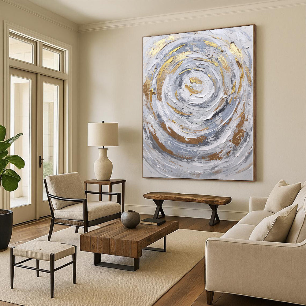 Oversized Abstract Wall Art Gray, White & Gold Textured Swirl Abstract Painting On Canvas PT058