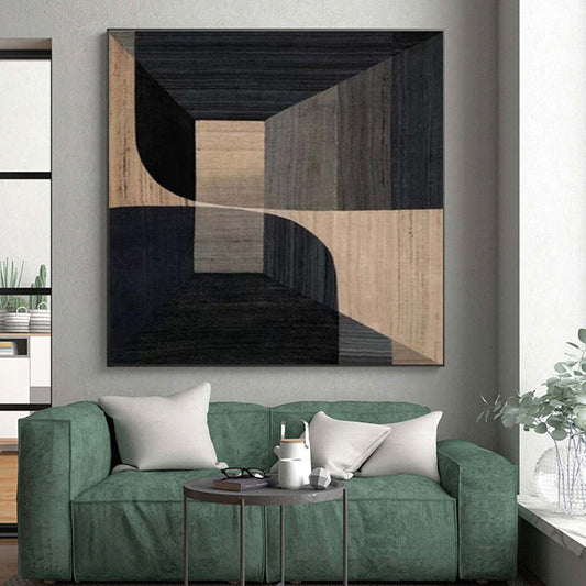 Unique Abstract Art in Black and Beige Geometric 3D Design, Handmade Art Piece PT328