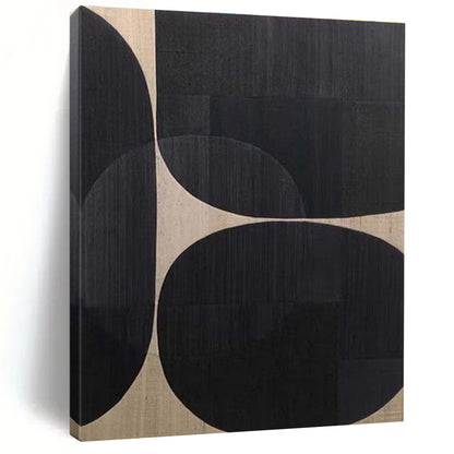 Minimalist Canvas Art in Black and Beige Circular Geometric Shapes, Hand Painted Art PT324