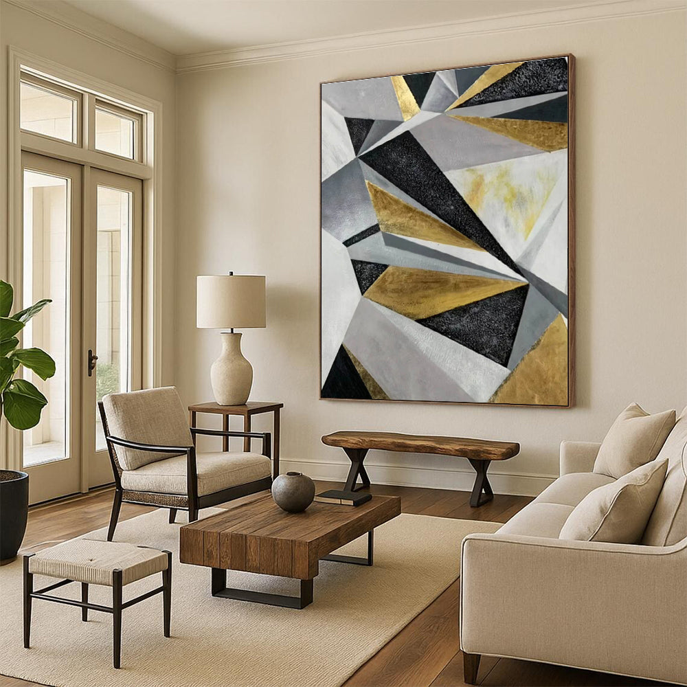 Minimalist Canvas Art Gold Black Gray Geometric Abstract Art PT410
