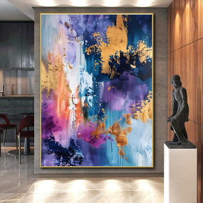Oversized Abstract Wall Art in Purple, Blue, Pink, Orange, and Gold Textural Abstract Compositions PT255