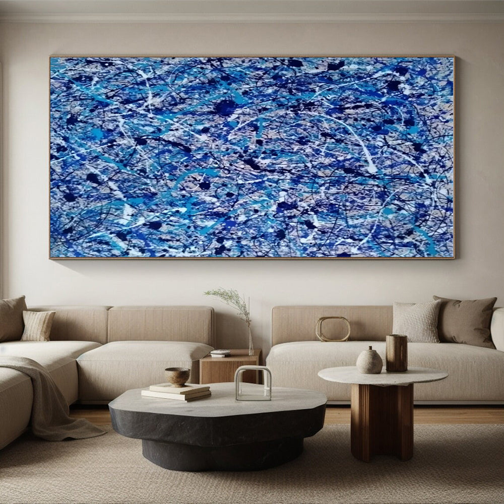 Unique Abstract Art - Blue, Black, White & Beige Chaotic Lines Abstract Expressionism Art PT605