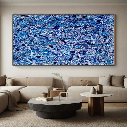 Unique Abstract Art - Blue, Black, White & Beige Chaotic Lines Abstract Expressionism Art PT605